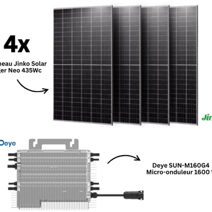 Kit solaire Plug & Play 1740 Wc avec 4 panneaux Jinko Solar 435 Wc, micro-onduleur Deye 1600 W WiFi et câble 5 m