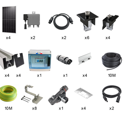 Kit solaire complet pour toiture inclinée en tuiles, puissance de 1740 Wc monofacial All Black, comprenant micro-onduleurs Deye, supports, coffret de protection et câbles. Idéal pour une installation rapide, performante et esthétique - Anysolars 