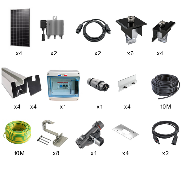 Kit solaire complet pour toiture inclinée en tuiles, puissance de 1740 Wc monofacial All Black, comprenant micro-onduleurs Deye, supports, coffret de protection et câbles. Idéal pour une installation rapide, performante et esthétique - Anysolars 