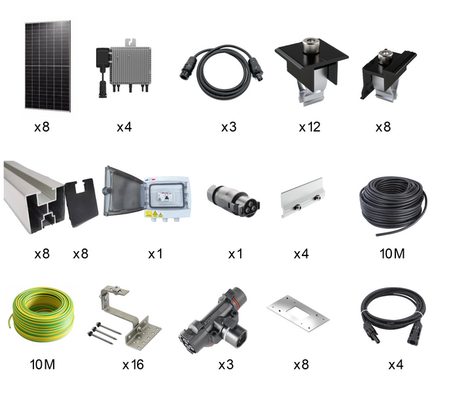 Kit solaire complet pour toiture inclinée en tuiles, puissance de 3480 Wc monofacial All Black, comprenant micro-onduleurs Deye, supports, coffret de protection et câbles. Idéal pour une installation rapide, performante et esthétique. - Anysolars 
